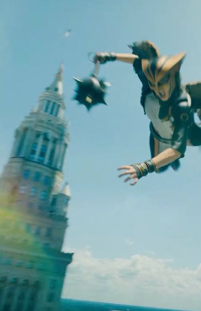 Isabela Merced as Hawkgirl flying by Terminal Tower in the upcoming Superman movie.