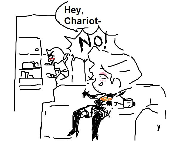 Same picture as before, but this time Croix is looking back with a mischievous grin. She says "Hey Chariot-" to which the other woman blushes intensely and says "NO!"