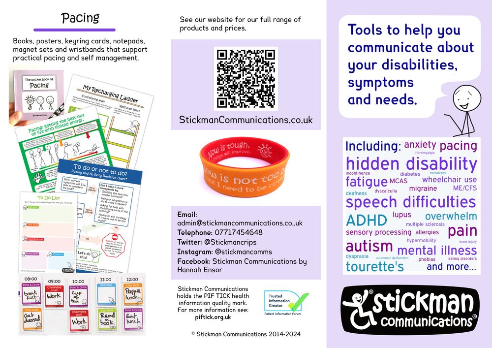 Outside side of Stickman Communications trifold leaflet. Front section: Tools to help you communicate about your disabilities, symptoms, and needs. Including: anxiety, pacing, fibromyalgia, hidden disabilities, incontinence, diabetes, narcolepsy, fatigue, MCAS, wheelchair use, deafness, dyscalculia, migraine, ME/CFS, speech difficulties, ADHD, lupus, overwhelm, multiple sclerosis, pain, sensory processing, allergies, autism, hypermobility, brain injury, mental illness, dyspraxia, tourette's phobias, and more.... The other 2 sections have various pacing resources, and contact details: website stickmanCommunications.co.uk, email, admin@stickmanCommunications.co.uk
