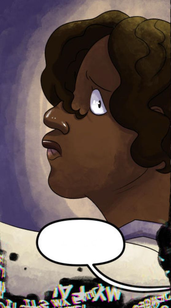 Panel from the webcomic Aster and the Fire. Closeup of Kid!Aster looking behind her as she’s running, a distressed look on her face. Someone is speaking and she’s trying to ignore it. At the bottom of the panel, jagged black speech bubbles form with scratchy white text.