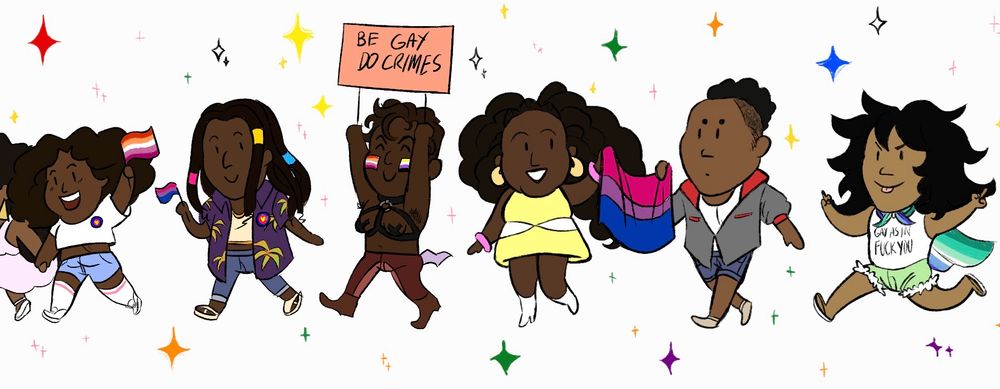 Aster and the Fire cast marching at Pride part 1 of 2. Aster=lesbian and poly, Jember=bi/pan and poly, Rakhi=nonbinary lesbian, Naomi and Mikael=bi, Kai=MLM. Aster is holding hands with a woman whose face is obscured by hair and the canvas edge. Rakhi is wearing bondage gear and holding a Be Gay Do Crimes sign. She also is flagging with a lavender handkerchief. (Group sex as a top lol).