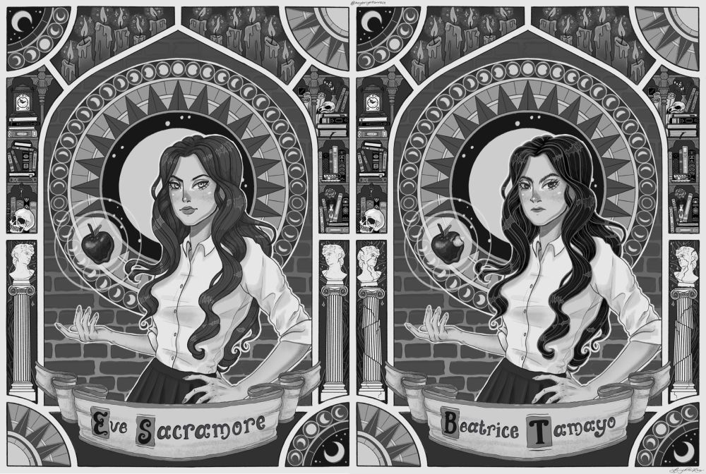 Black and white illustration of Eve Sacramore, a disguise, and Beatrice Tamayo, the real teenage girl 