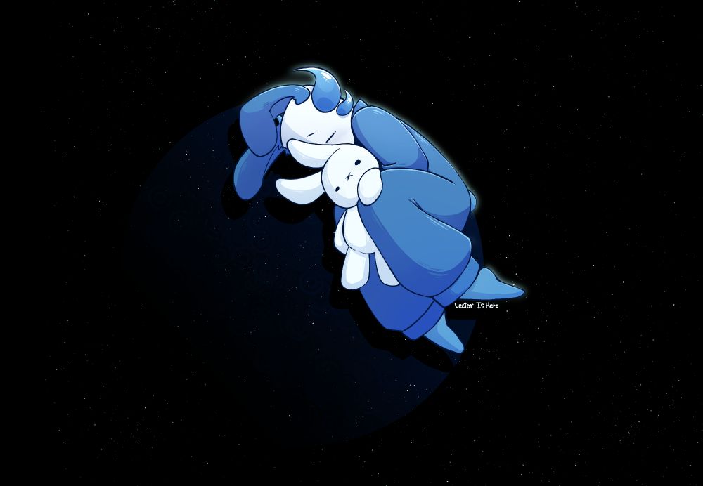 A digital drawing of PJ Rocket from Roblox Phighting curled up with a white Miffy plush held tightly against his chest. He is placed in a space like black void
