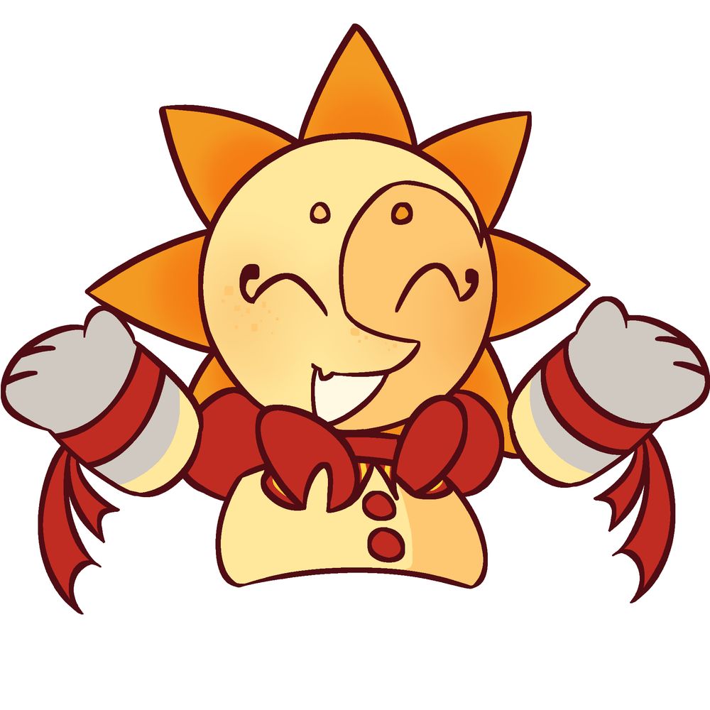 A digital drawing of Sun from FNAF SB with their hands in the air with a happy expression on their face