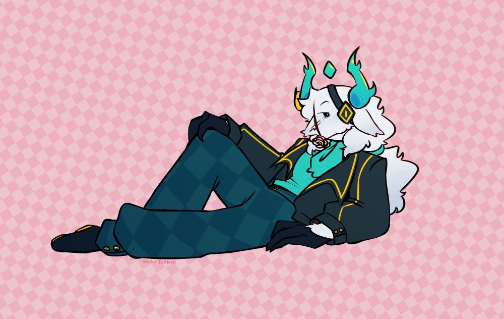 A digital drawing of Medkit Phighting lying on his side while propped up by one arm holding a pink rose in his mouth