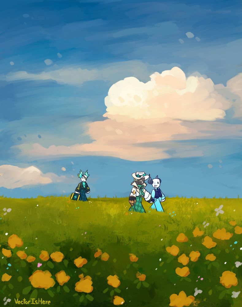 A digital drawing of Scythe, Broker and Medkit from Roblox Phighting walking in a flower field. Scythe and Broker are smiling and holding each other's hand while Medkit is walking behind them with a sheepish smile on his face