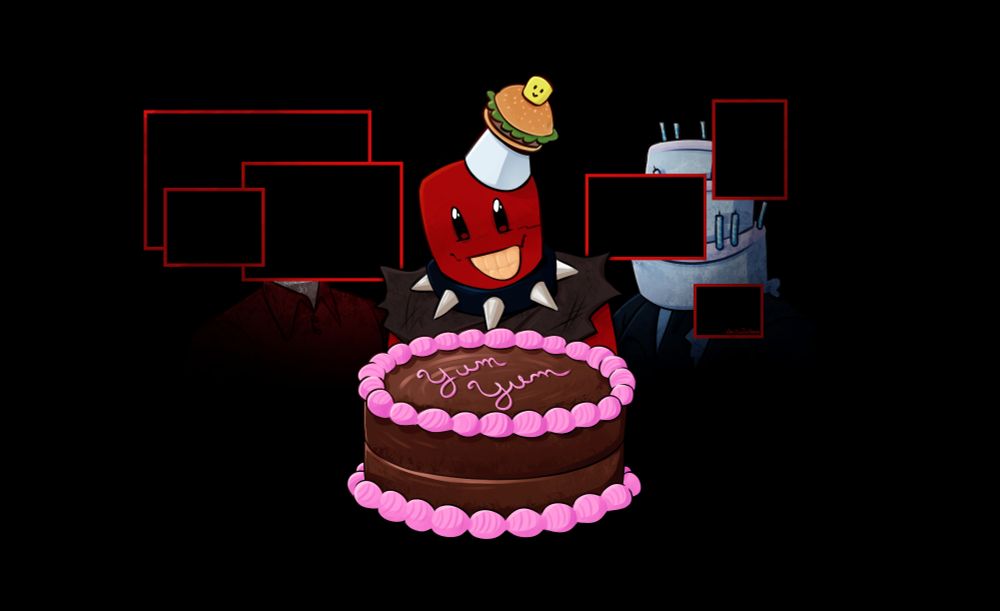 A digital drawing of c00lkidd from forsaken and two of his minions in front of a chocolate cake