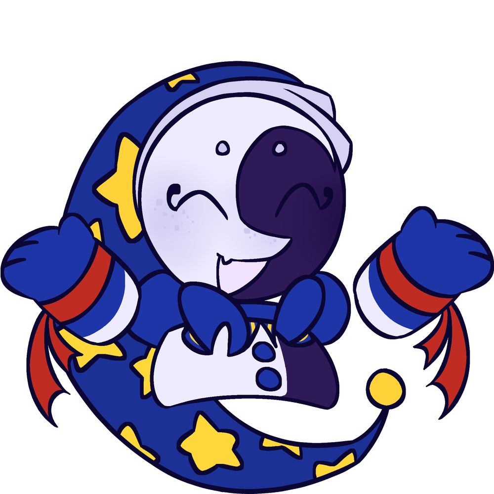 A digital drawing of Moon from FNAF SB with their hands in the air with a happy expression on their face
