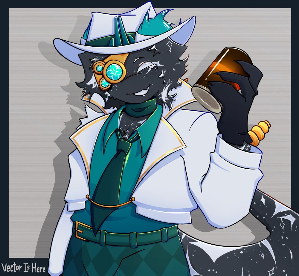 A digital drawing of Scythe from Phighting holding a brown soda can while looking at the viewer with an open smile. Scythe is standing in front of a warm light grey background with a wood texture. In the bottom left is the artist's username which reads 'Vector Is Here'