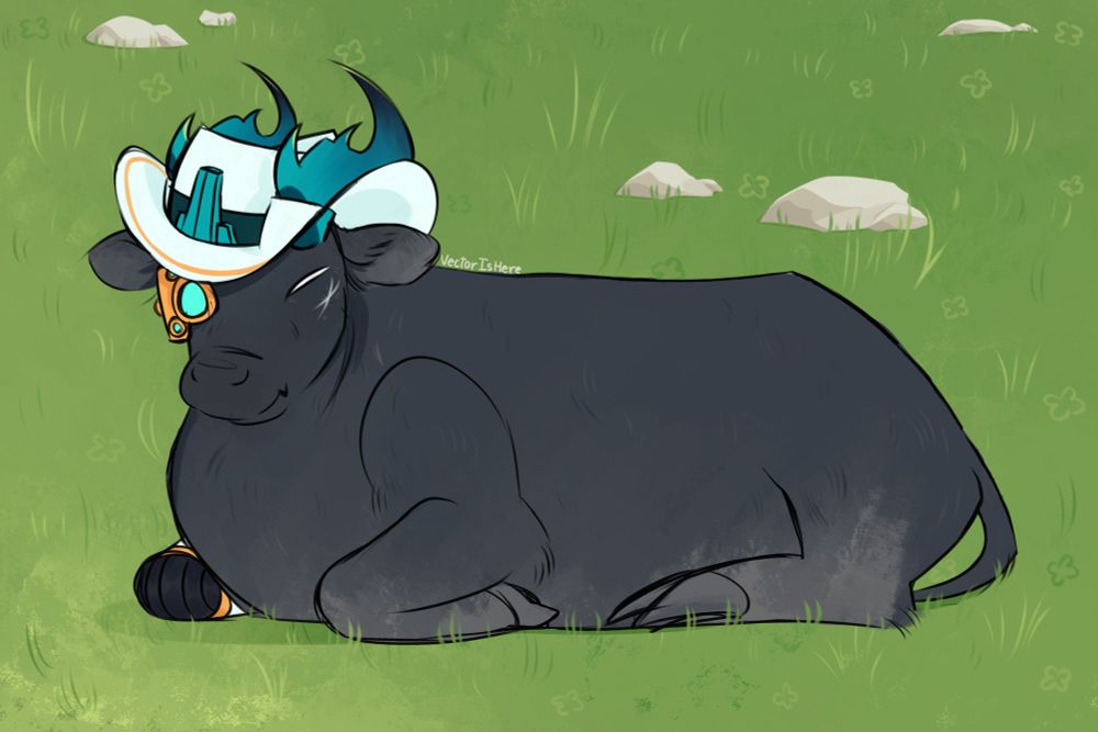 A digital drawing of Scythe Phighting as a grey cow sitting in a grass field