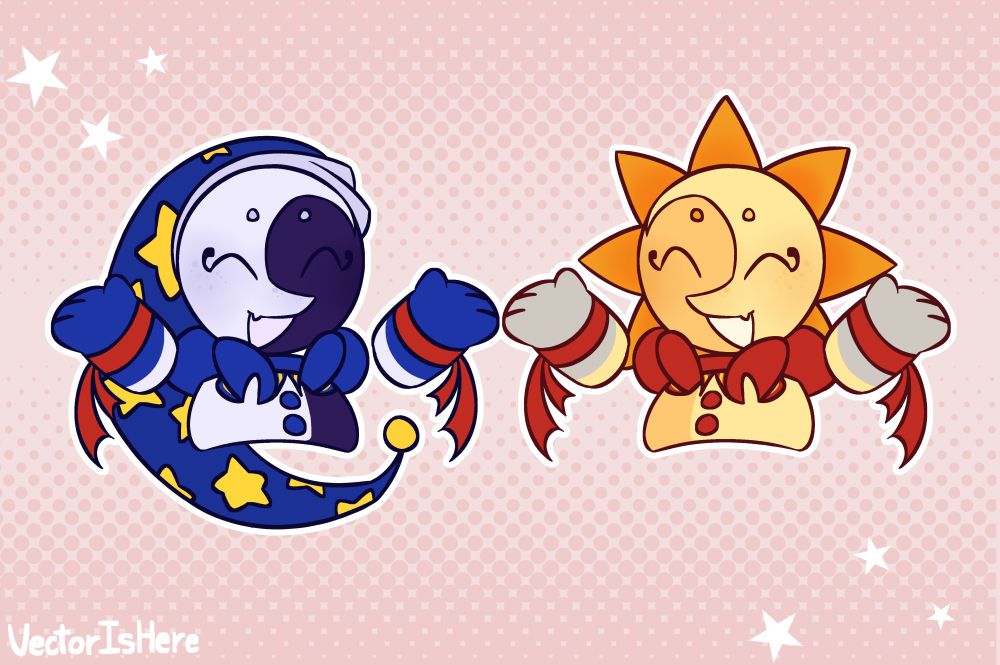 A digital drawing of Sun and Moon from FNAF SB with their hands in the air with happy expressions on their faces in front of a light pink background