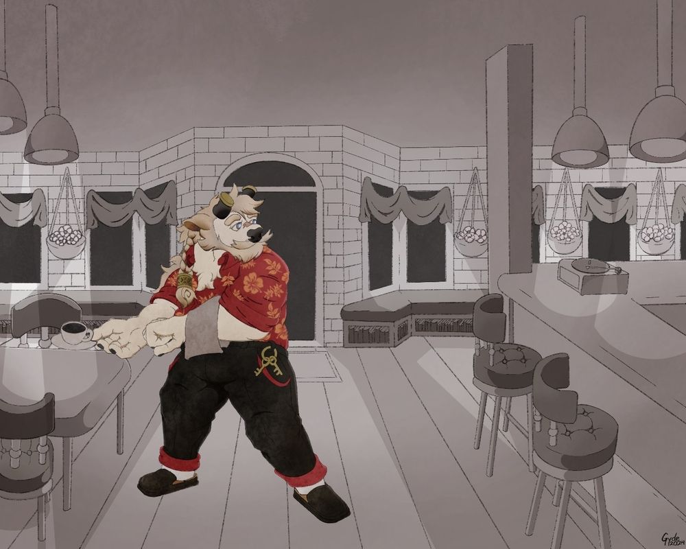 Voidhound's character Mino in a floral shirt and dark slacks serving a cup of coffee in the Black Hole Bistro.