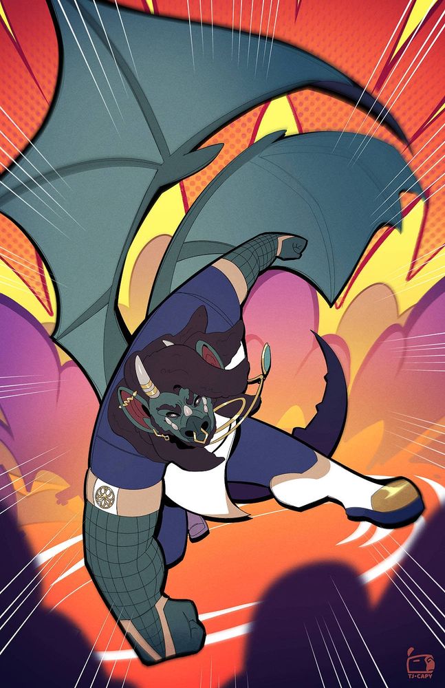 Artwork of Gyde the kobold in spellcaster's robes making a superhero-style three-point landing. Colorful clouds of dust bloom outesrd from the impact zone.