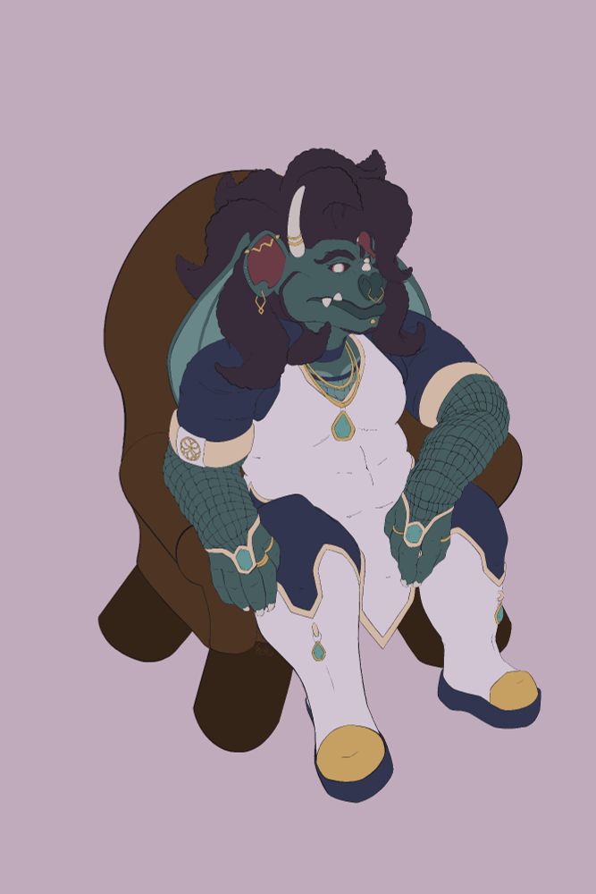 Artwork of Gyde the kobold wearing customized healer's robes. They are wearing a long white tunic with matching knee-high boots and a dark blue jacket with rolled sleeves, all with gold trim and jeweled accessories. Art by Gyde (magic_GYDE).