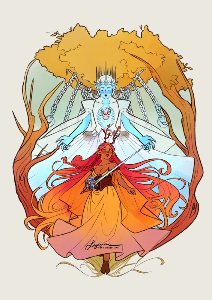Thalia steps forward, holding an ice covered sword with a wooden hilt in her hand, grass growing underneath her hooves. Behind the tree frame there is Eirwen, her arms open like in a gentle embrace.