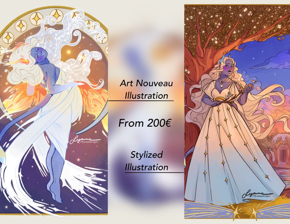 Image displaying commission prices. Art Nouveau Illustration and Stylised Illustration both start from 200€.
