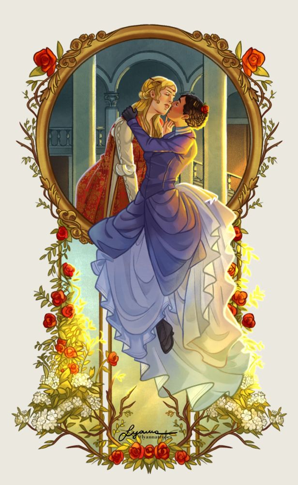 Ryan is leaning forward, outside a painting frame, their lips close to brushing Rose's who is sitting over the frame, as their hand touches her chin. Ryan is wearing renaissance era clothing from her time, while Rose is donning a victorian gown. The frame is decorated with red roses and hawthorn flowers (the latter being a reference to Ryan's full current name, Ryan Hawthorne).