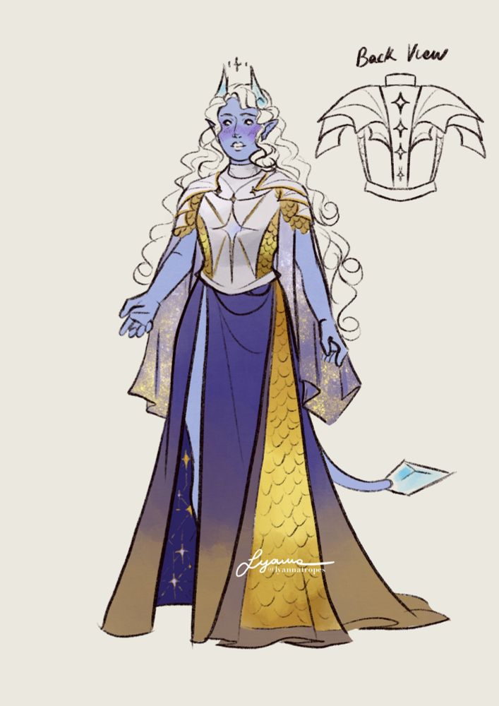 Ipomoea wearing her new outfit and chest plate armour. The armour is in silver colour, with pauldrons that resemble the wings of a dragon. There are golden scales detailing on the sides, and an iridescent star decorates the center of the chest piece.