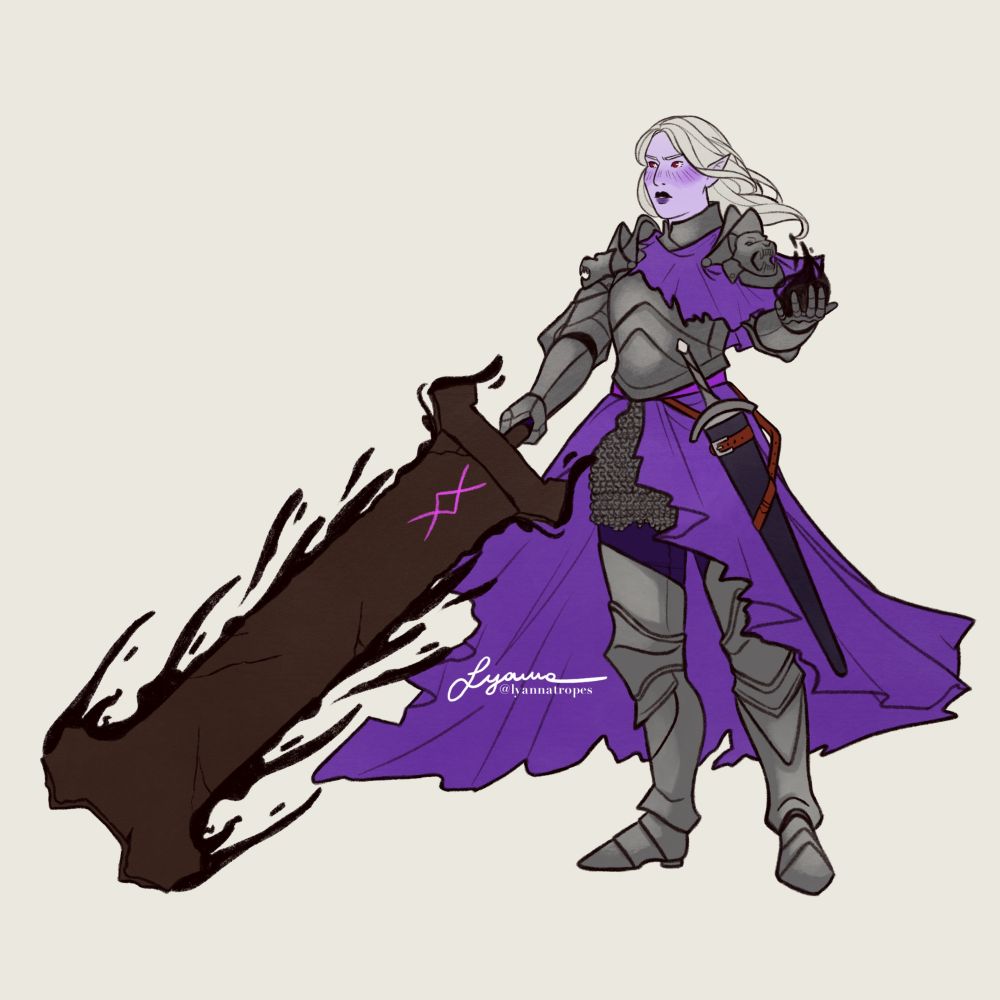 Full body drawing of a drow paladin in plate armour holding a large sword. Dark inky magic seems to swirl around the sword, and some of it gathered on her open left hand.