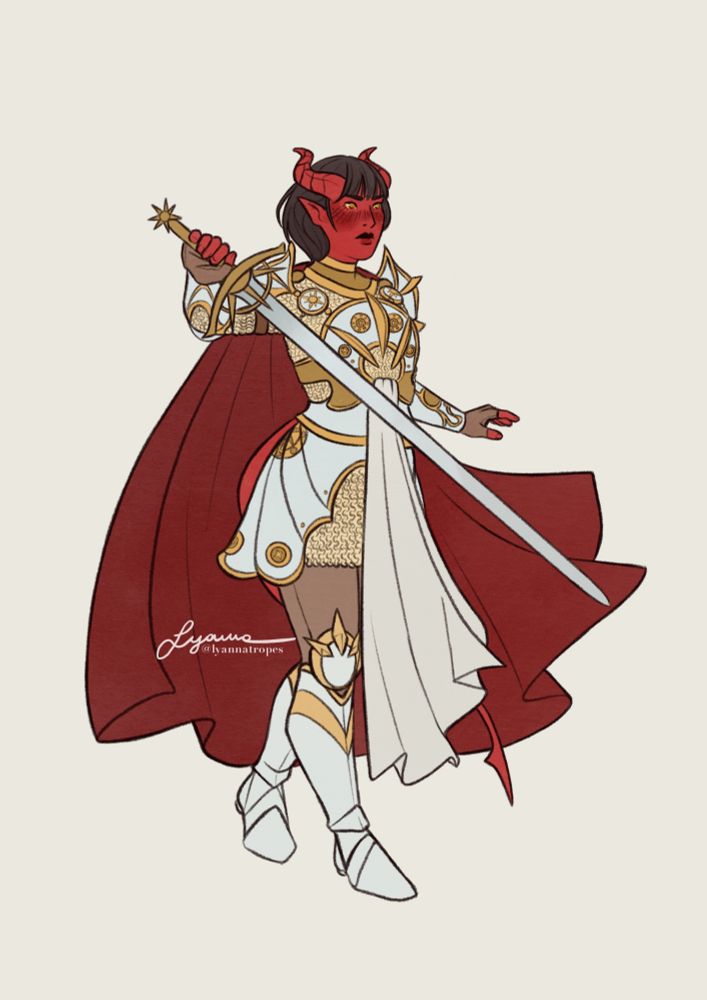 Ellia is stepping forward with a determined expression, holding a longsword in her hand. Ellia is a tiefling with red skin, dark hair and golden eyes. She wears an elaborate silver and golden armour.
