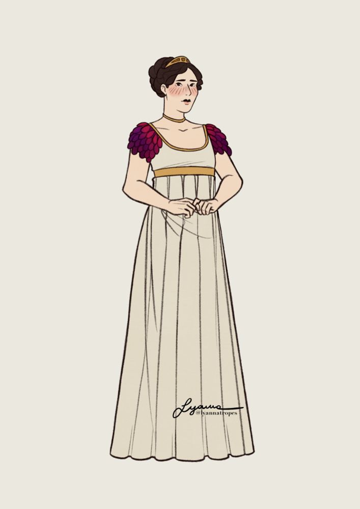 Henry is fidgeting with her hands, shyly looking at the viewer. She is wearing a Regency era inspired ivory gown, with shoulder sleeves that look like deep red and purple petals. 