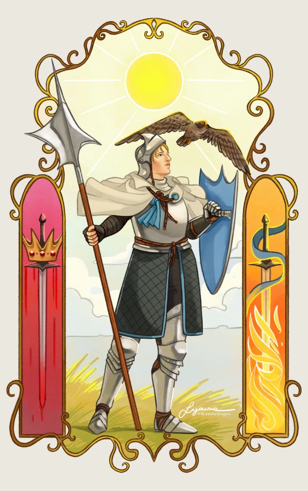 Vivecka is standing, holding a weapon in her right hand and shielf in her left hand, gaze lifted woefully to the blue sky above. A peregrine falcon is flying close to her. The frame is adorned with two banners on both sides. On the left, a crown is on top of a sword dripping blood. On the right, a sword wrapped in a blue, thin scarf is engulfed by flames.