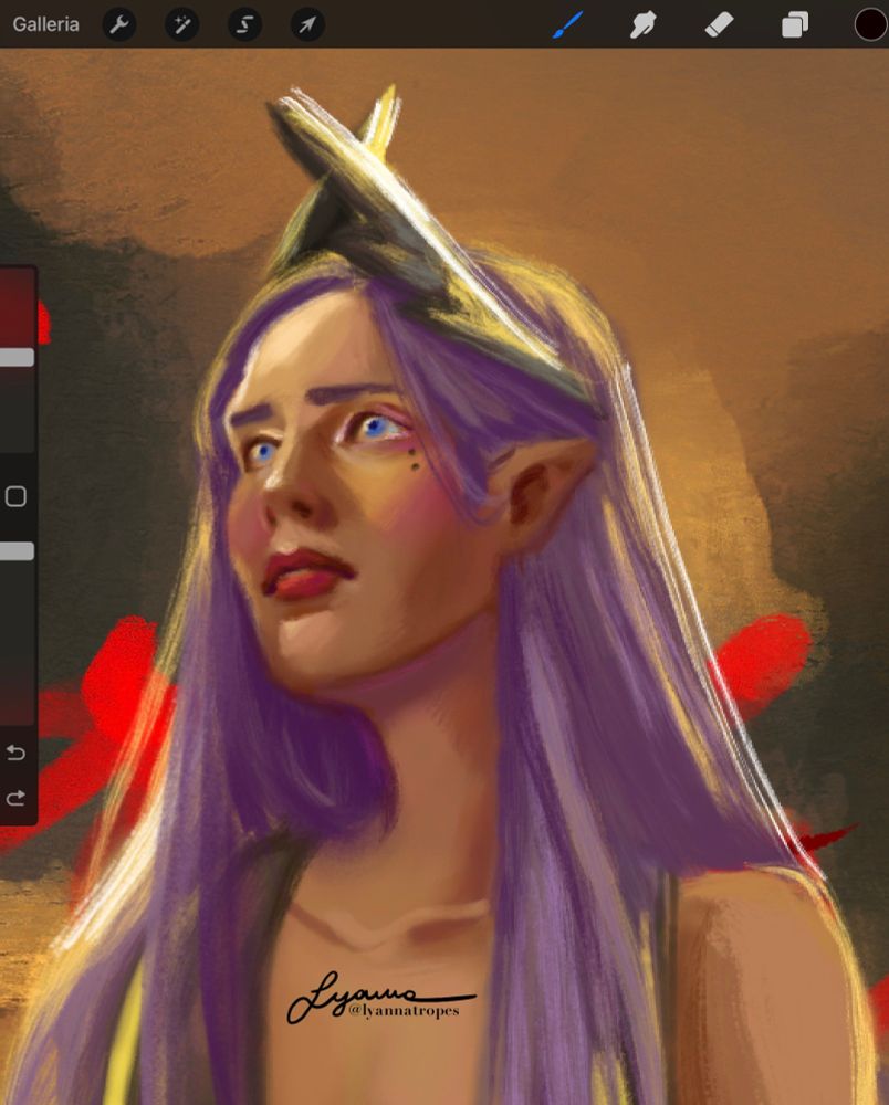 Close up of a work in progress painting. It shows Vera's face, looking somewhat sorrowful, her long purple hair framing her.
