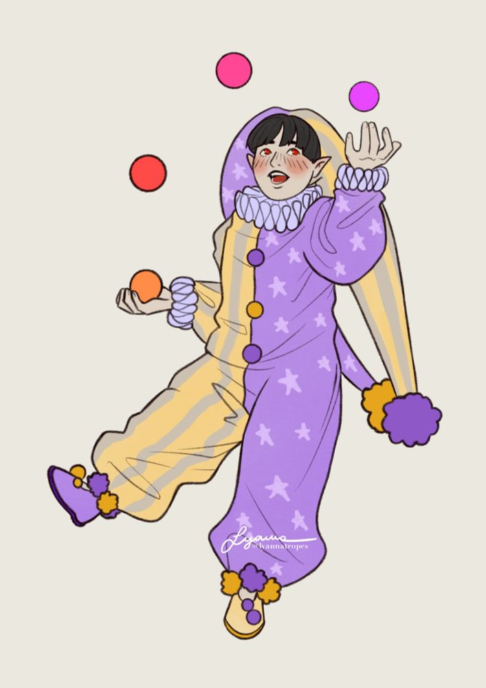 Child Aramis in a clown costume, juggling. 