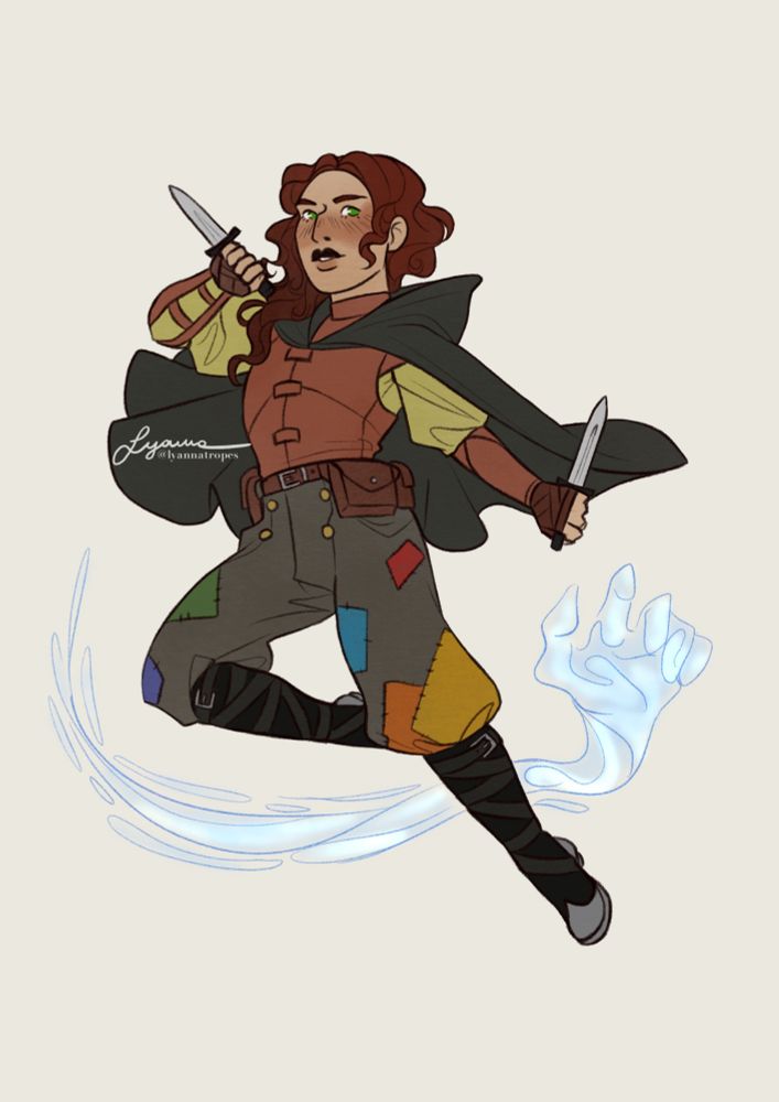 Full body drawing of a halfling rogue leaping forward with two daggers in her hands. She smirks confidently.