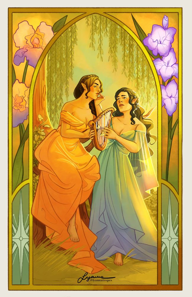 Avalain and Curinis are together in an idyllic scenery. Avalain is sitting, resting against the tree branches as she lovingly gaze upon Curinis, who is playing the lyre. The branches of a weeping willow can be seen in the background. 

The artwork is surrounded by a frame with floral elements and a star emblem.