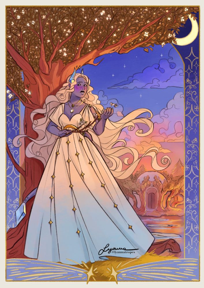 Ipomoea is standing while holding a thin branch in her hands, some of the flowers scattering in the wind. Behind her there is a large tree in bloom with white, glowing flowers. There is a pond in the background, and in the distance a building that looks like an observatory can be seen that is built with the forest trees. The piece has a frame embellished with stars and a crescent moon in the upper right corner.