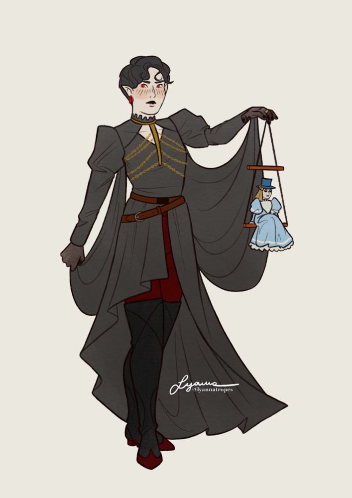 Young adult Aramis. They are wearing a goth inspired outfit. They are holding a marionette dressed in fancy clothing. 