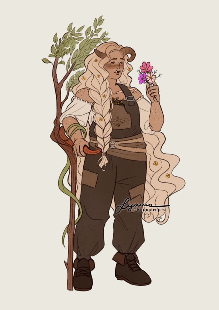 Finch is holding some cosmos flowers in her left hand, a soft smile curling her lips. With her right hand she is holding onto her crutch/staff, a living wood with leaves growing on the branches. 