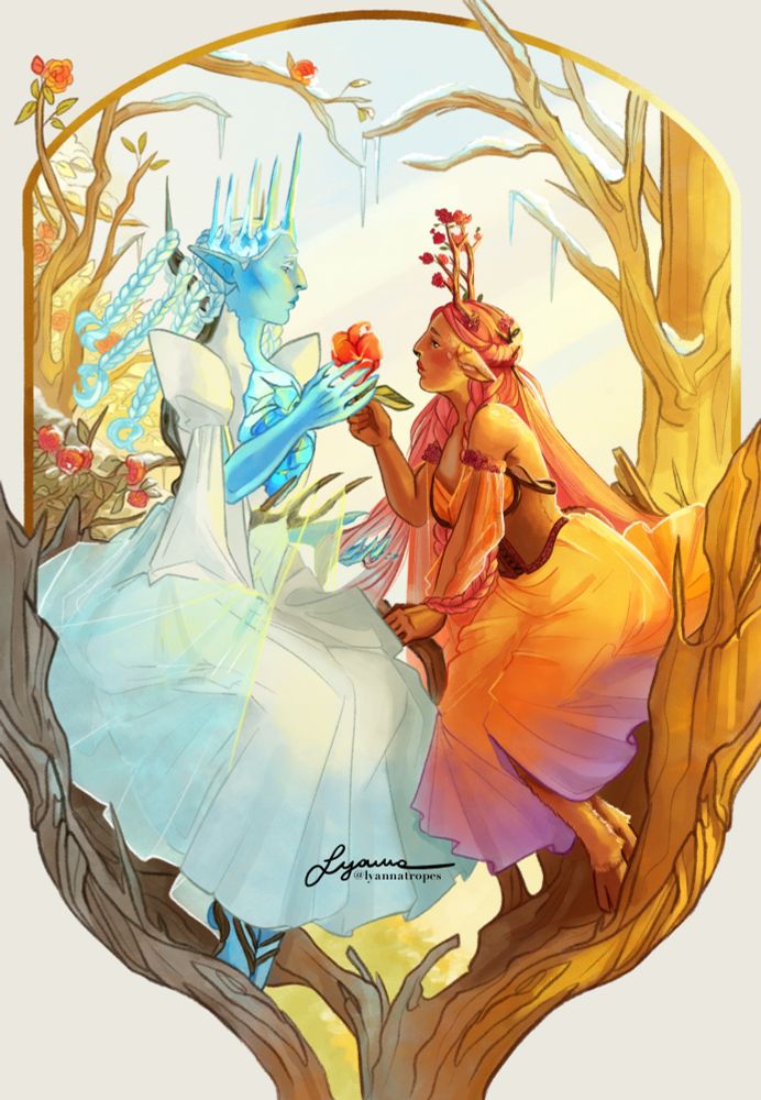 On the right, Thalia leans forward Eirwen with a red flower in her hand. On the left, Eirwen reaches out, her fingers delicately brushing against the petals while her left hand brushes through Thalia's hair. Around them winter is thawing, flowers and foliage emerging still covered in a little snow.