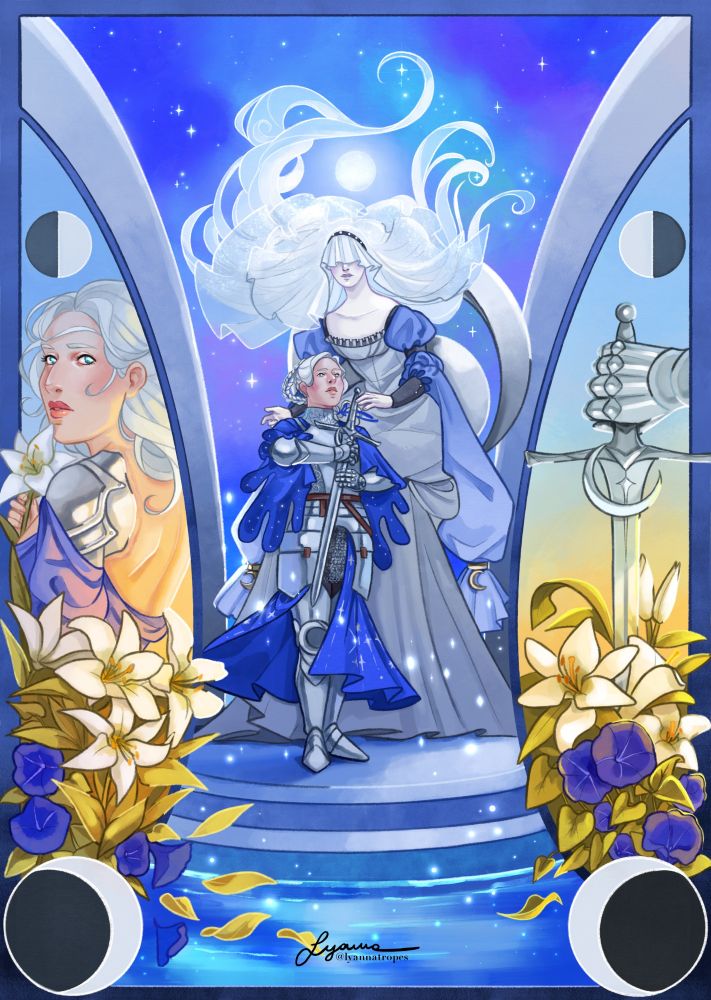 In the middle, Elaine is standing while holding her sword, while the personification of the moon is sitting behind her and almost embracing her gently. On the left, Elaine is holding a white lily, the bottom decorated with more white lilies and ipomoeas. On the right, Elaine's hand is showing holding her sword. The same flowers decorate the bottom of the scene.
The phases of the moon are shown across different parts of the artwork (crescent/waning moons at the bottom, half moons on the sides, full moon in the middle scene).