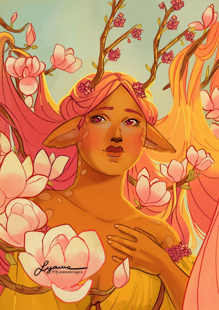 A portrait of Thalia surrounded by a magnolia tree's blooms, with her hair hanging from some of the branches.