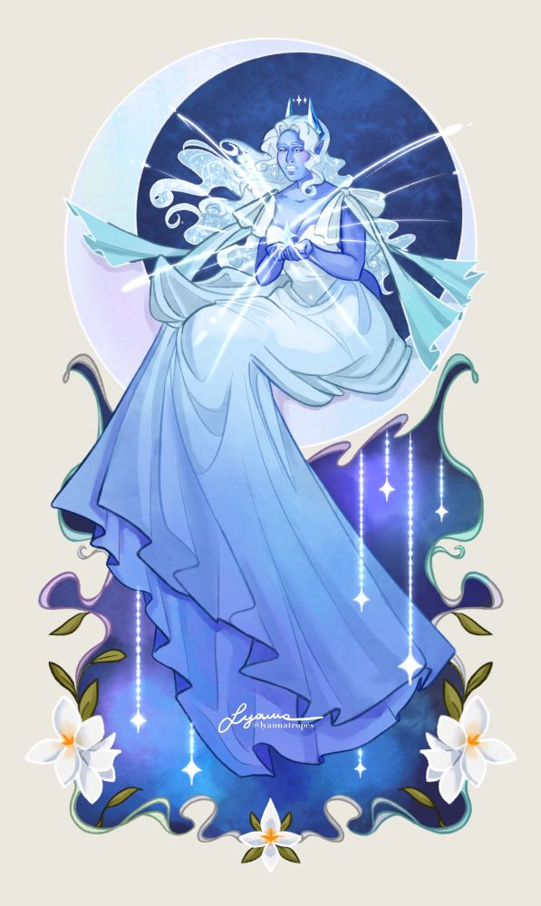Ipomoea is glancing down at the iridescent star between her hands, bright and sparkly. She is sitting over a crescent moon frame, her long gown draping over a night sky with more stars hanging from the frame. The bottom frame has iridescent colours and it is decorated with star drops (a fictional flower with four white petals that resemble stars).