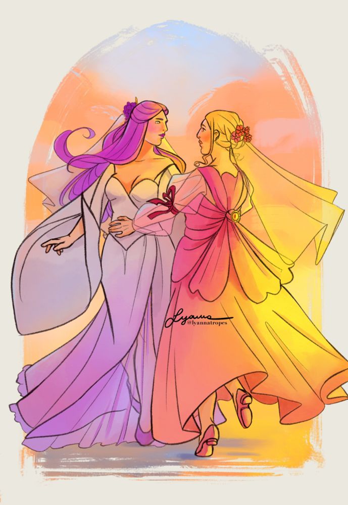 Camellia and Ametista are dancing together, surrounded by sunset colours. They're both wearing gowns inspired by flowers. Ametista's dress' silhouette is based off the calla, especially in the shapes of the sleeves and skirt. Camellia's dress' is inspired by the cosmos, with the bodice wrapping like petals on the back.