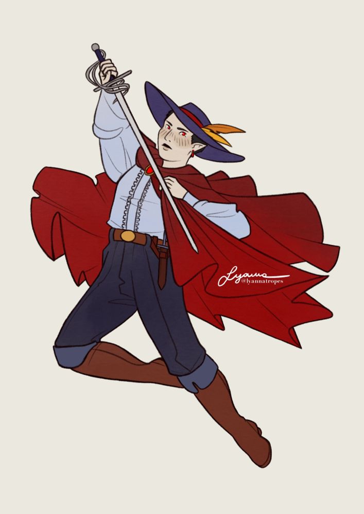 Young Aramis in a fancier outfit. They are wielding a rapier as they hold onto their cape, leaping forward.