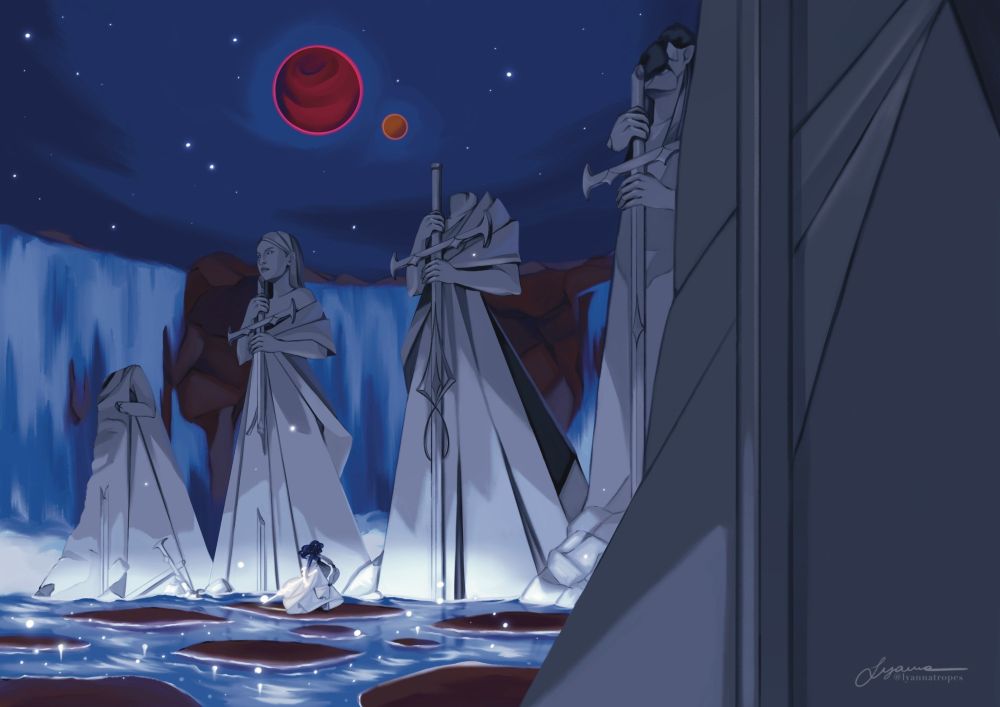 A small figure holding a sword of light is walking among ruins of statues at the bottom of a large waterfall. Two moons hang in the blue sky. The water glimmers with lights.