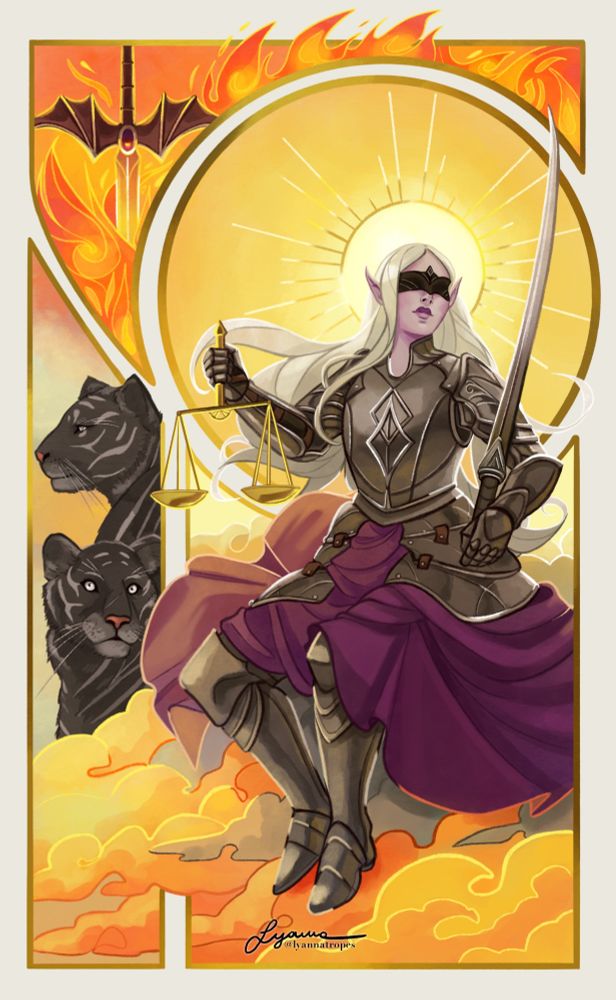 Viridian is holding golden scales in the right hand, and her sword in the left. She is wearing armour, sitting on golden clouds, a golden halo shining behind her head. On the top of the frame, another sword engulfed by flames is shown. By her side, there are her two tigers. They are black with silver stripes.