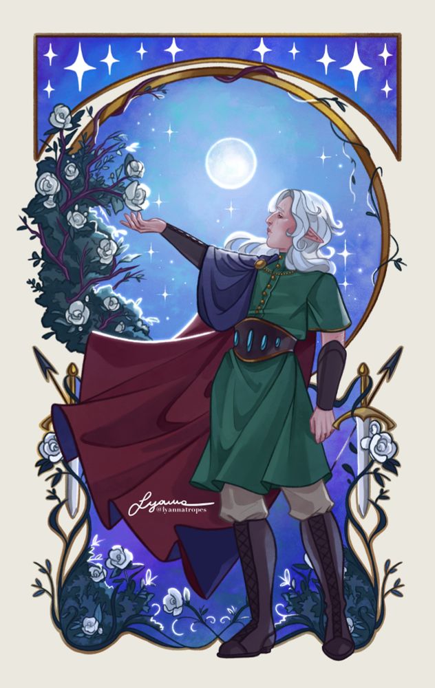 Estrin is stretching his hand towards a white rose, a full moon hanging in the night sky and stars shining around him. The frame is decorated with daggers, arrows and roses on both sides.