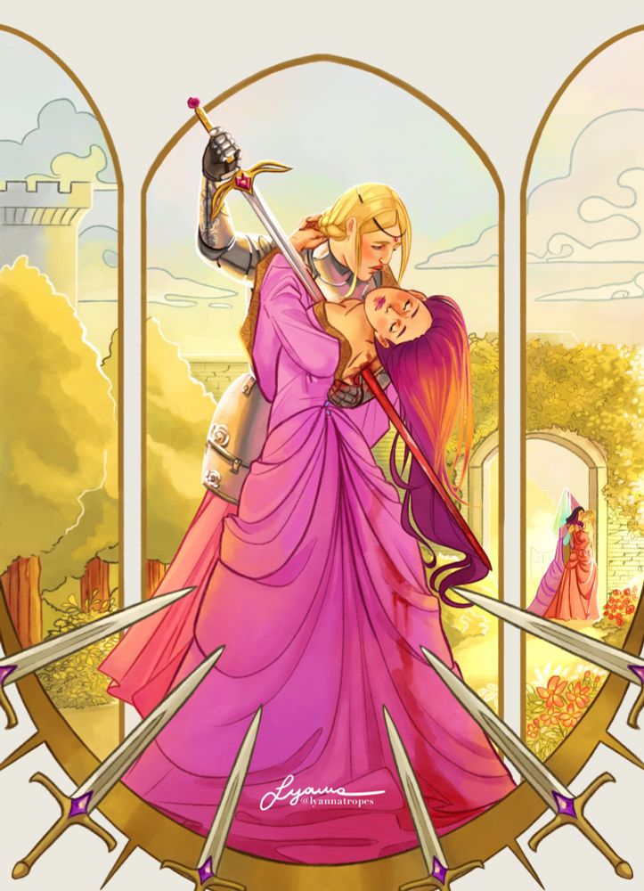 Camellia is holding Ametista in her arms as she pierces her heart with her sword. Ametista looks peaceful, her arms wrapped around Camellia's shoulders. 

In the background there is a scene from their past. Camellia and Ametista are kissing in the gardens, a warm light pouring over the scenery. 

The artwork has a golden frame with ornamental swords at the bottom.