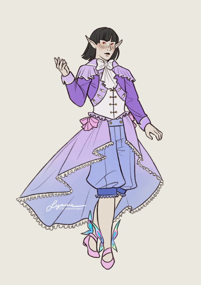 Adult Aramis, dressed in a colour princely outfit. Their features have changed, such as their ears getting longer and iridescent butterfly wings now adorn their ankles.