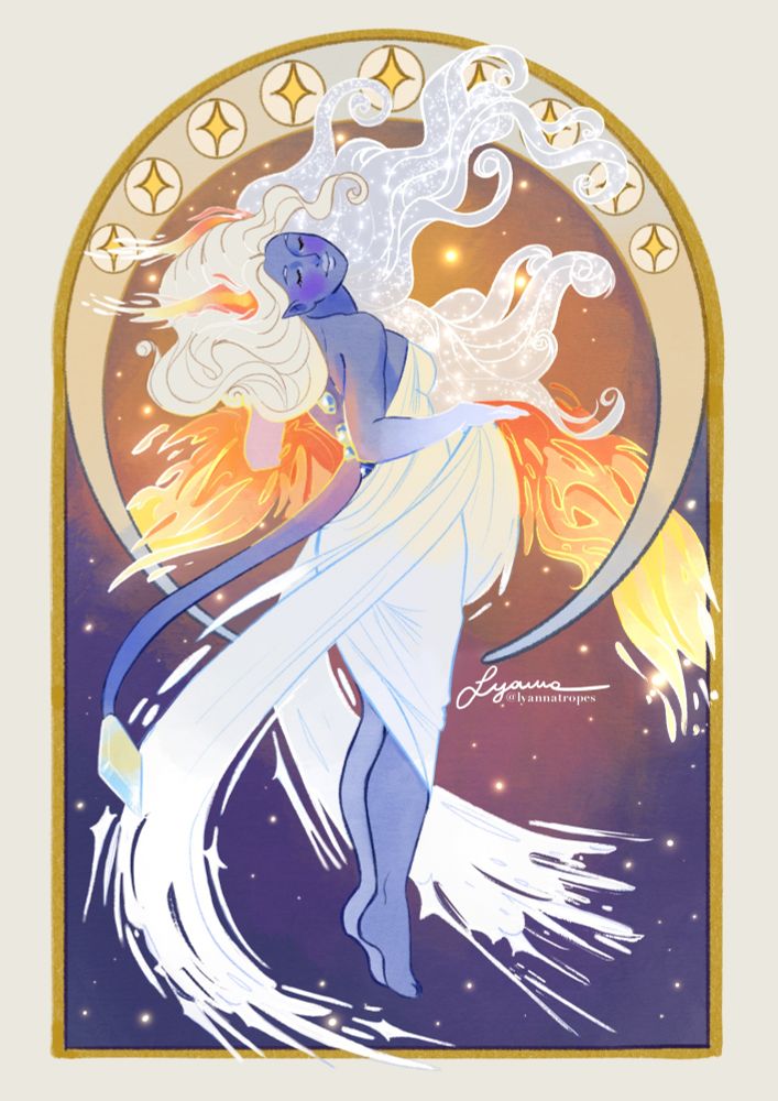 A digital artwork of Ipomoea inspired by Alphonse Mucha's  "The dance." Ipomoea's horns are lapped in flames, while a fire wraps their left arm and their right harm in shining bright. They are holding onto their dresses, which edges scatter into starlight. Her hair is also spread, sparkling. The frame is a thin crescent moon around Ipomoea, with stars etched into it.