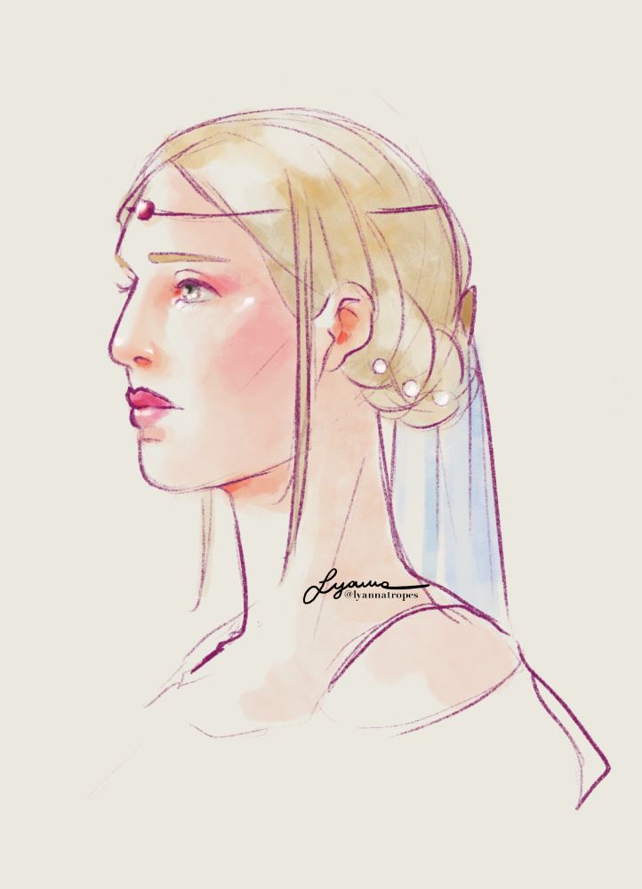 A sketch portrait of Camellia. She is showing her side profile, and her hair is combed in a braid that circles around the head. On the back, a veil is tucked with a hairpin. The braid is adorned with pearls. 