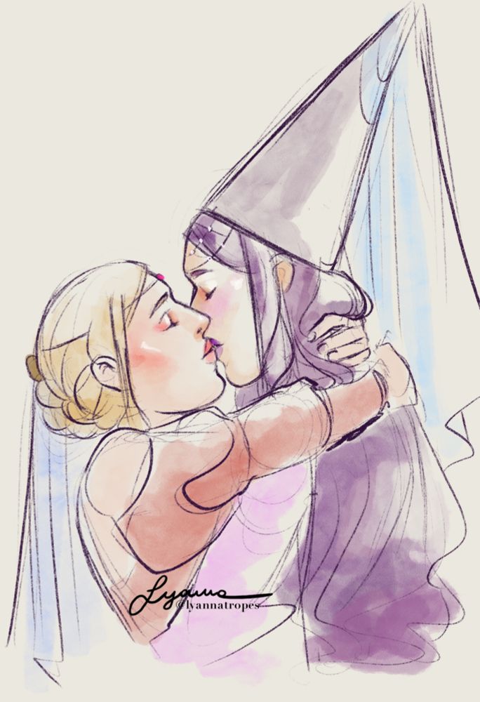 Camellia and Ametista kissing. Camellia's arm wraps around Ametista's shoulder, while the other is on her nape.