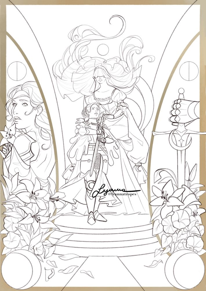 Lineart of a work in progress triptych. In the middle, Elaine is standing while holding her sword, while the personification of the moon is sitting behind her and almost embracing her gently. On the left, Elaine is holding a white lily, the bottom decorated with more white lilies and ipomoeas. On the right, Elaine's hand is showing holding her sword. The same flowers decorate the bottom of the scene.