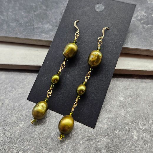 Green pearl and green crystal earrings on gold hooks 