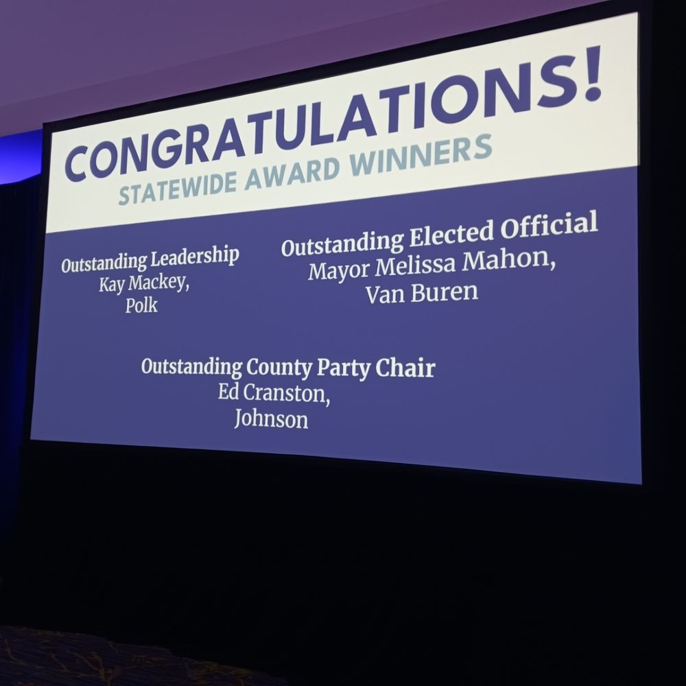 A slide showing the names of Iowa Democratic Party award winners at the Liberty and Justice dinner.